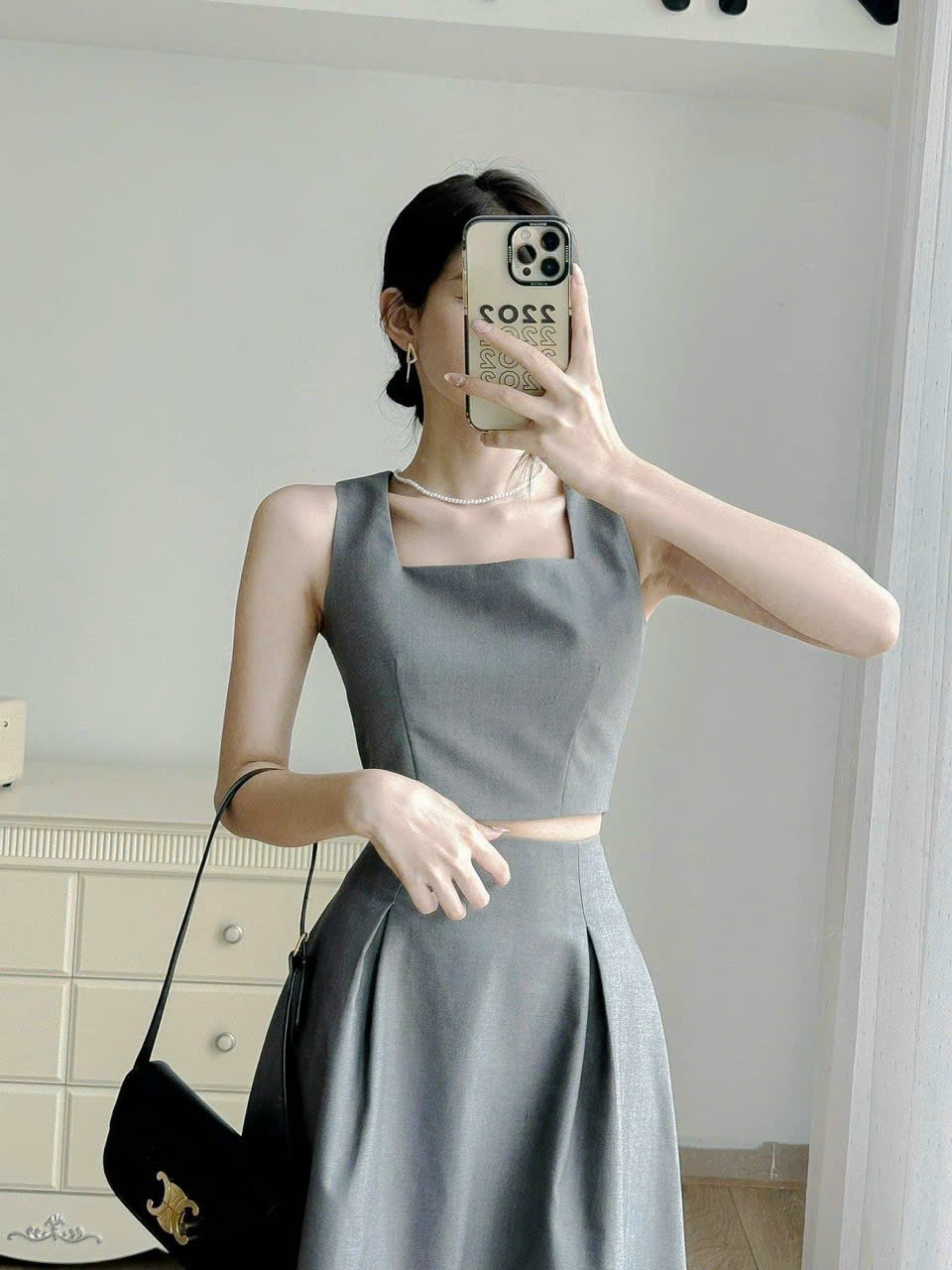 Set áo croptop chân váy xòe dài xinh xắn