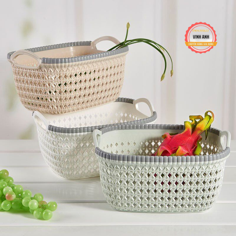 Rổ nhựa giả đan mây có quai cầm cỡ nhỏ