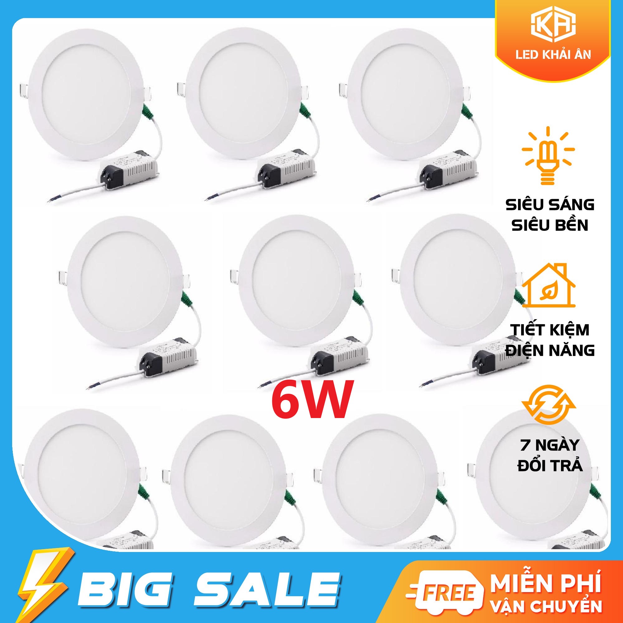 Bộ 10 đèn Led âm trần siêu mỏng 6w (Ánh sáng trắng).