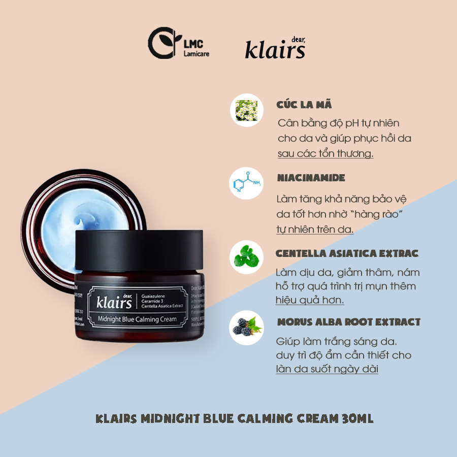 Kem dưỡng kiểm soát nhờn làm mờ thâm nám hiệu quả Klairs midnight blue calming cream 30ml