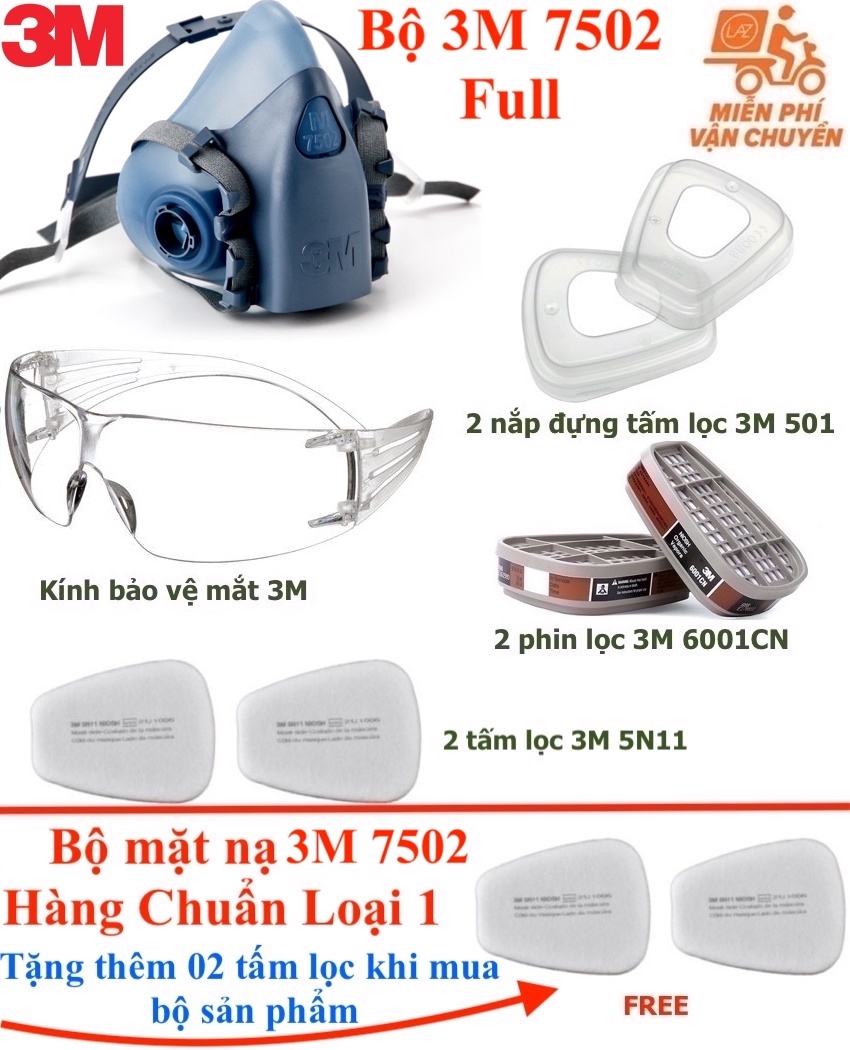 Bộ Mặt Nạ Phòng Độc 3M 7502 Full 10 chi tiết chống virus, chống bụi siêu mịn PM2.5, giúp bảo hộ an toàn lao động trong môi trường sơn PU, phun thuốc trừ sâu hoặc Cho Phòng Cháy, Hỏa Hoạn, Kính 3M 334 hoặc 3M SF201AF cao cấp Hàng Chính Hãng