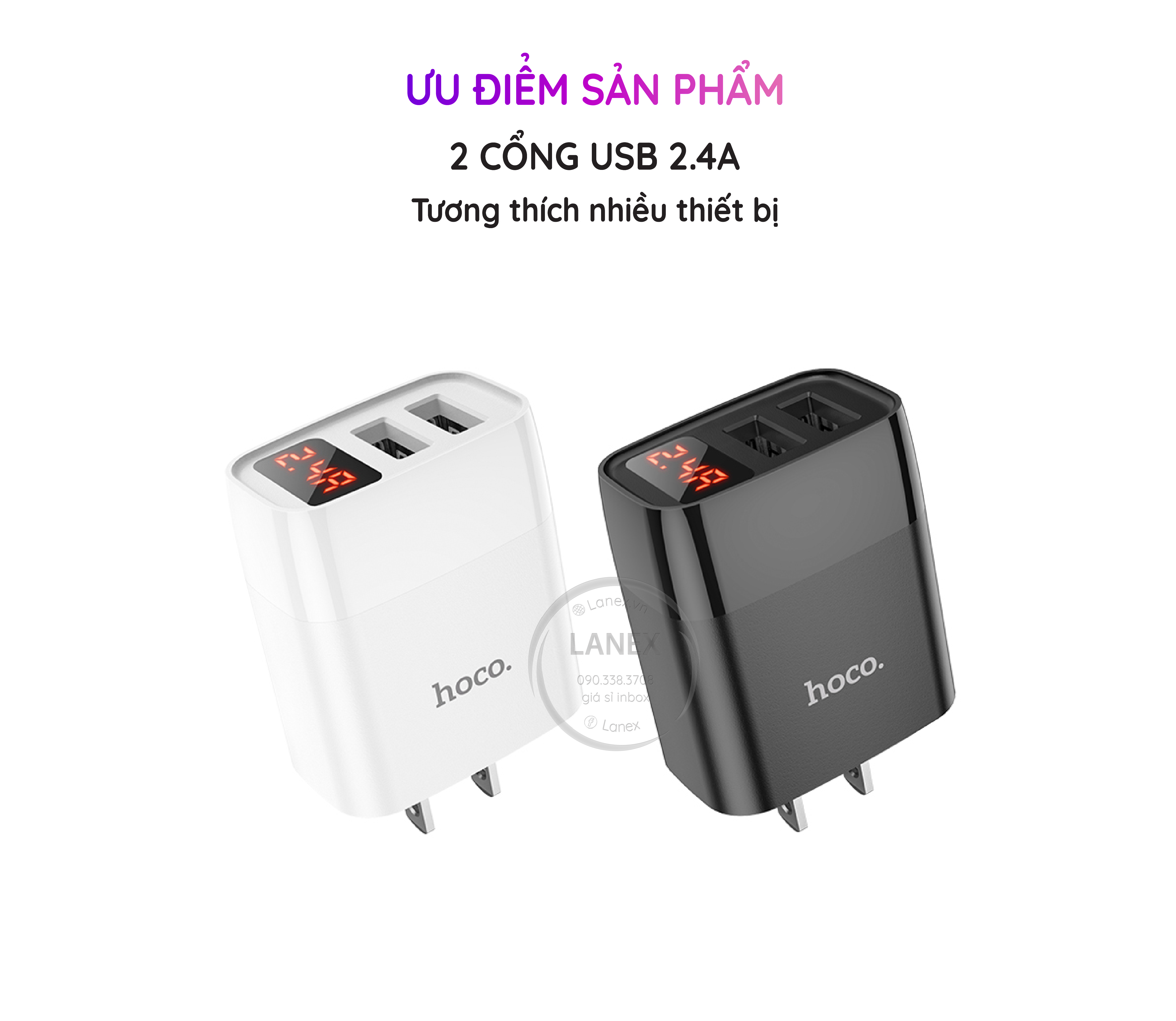 Cóc Sạc Nhanh Hoco C86 2 Cổng Usb 2.4a Màn Hình Led