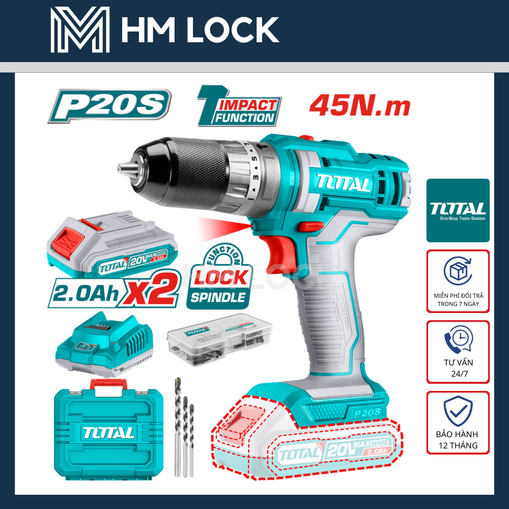 Máy khoan búa dùng pin 20v total 45n.m - kèm 2 pin 2ah + 1 sạc - hàng chính hãng - tidli201452