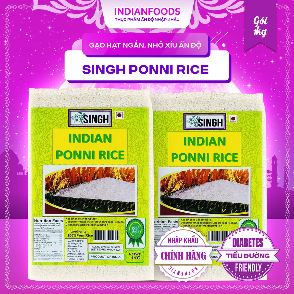 Gạo Ấn Độ Ponni Rice 1kg
