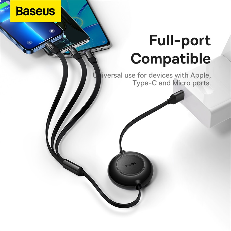 Baseus 3-in-1 Type C USB Cable Retractable Fast Charging Data Cable USB to M+L+C 3.5A 1.1m for iPhone  14 13 12 Pro Huawei Xiaomi Samsung Micro USB C Cord
