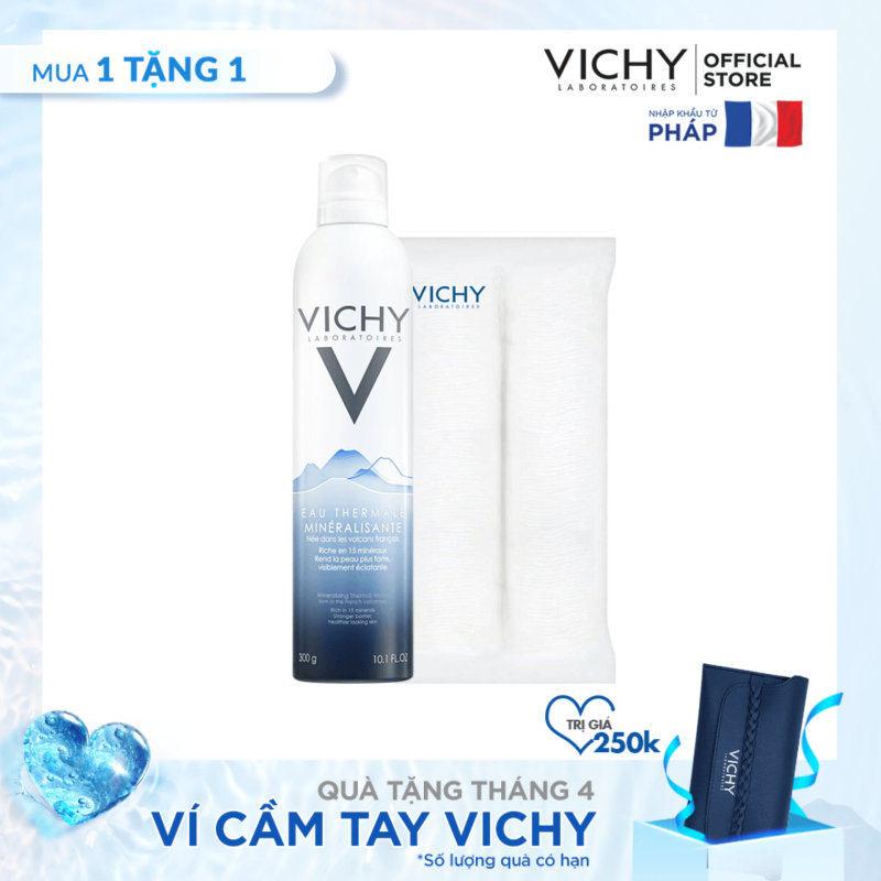Bộ Xịt khoáng dưỡng da Vichy Mineralizing Thermal Water 300ML và Bông tẩy trang cao cấp nhập khẩu