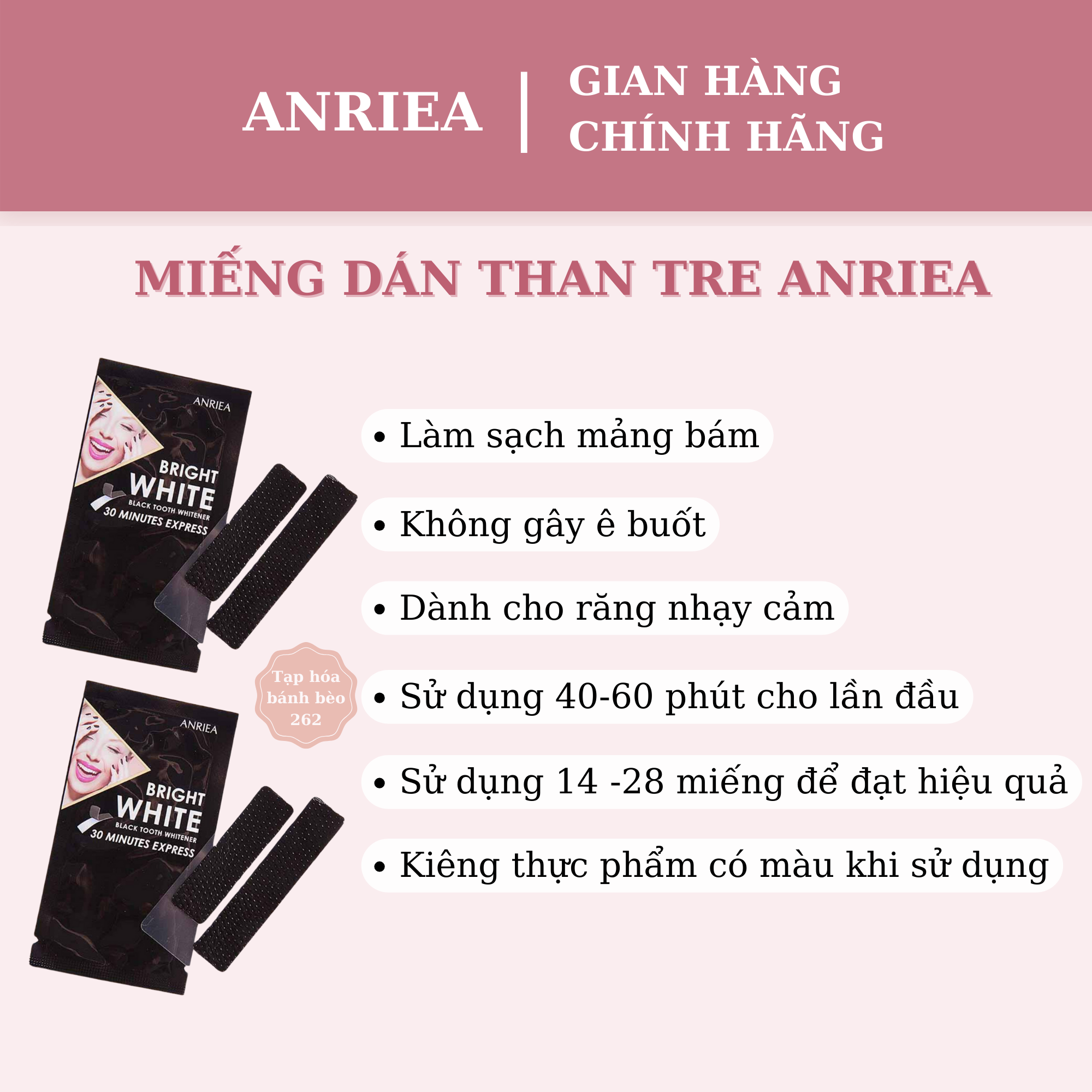 Combo 10 miếng dán trắng răng Anriea than tre làm sạch mảng bám răng