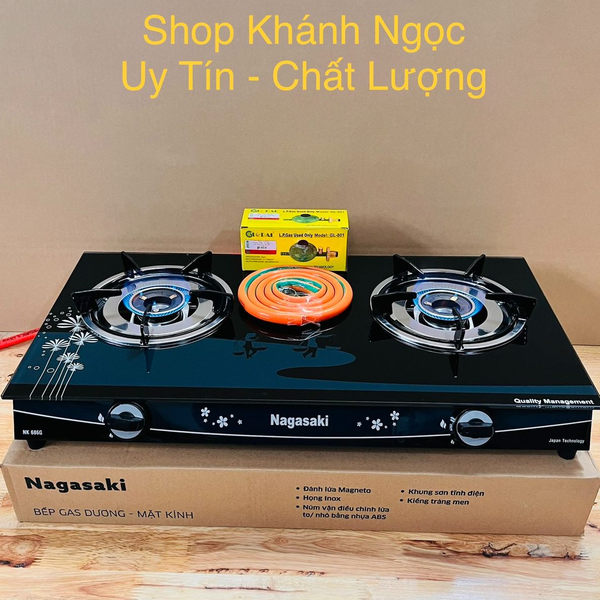 100% new nsaaki nk-686g gas saving double temperature gas stove tempered glass, brass burners 12 months warranty
