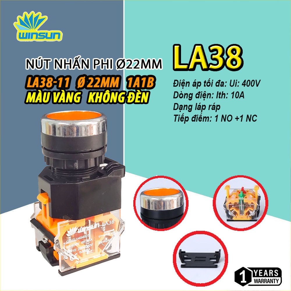 Nút nhấn nhả, nhấn giữ có đèn, không đèn phi 22 mm LA38