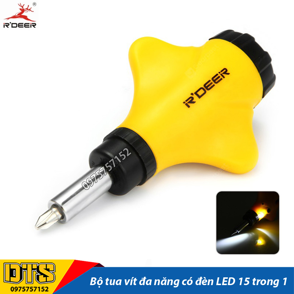 Bộ tua vít đa năng 15 chi tiết trong 1, bộ tô vít tự động đảo chiều R'DEER RT-1617, đèn Led trợ sáng, dụng cụ sửa chữa chuyên nghiệp, bộ tuốc nơ vít nhập khẩu
