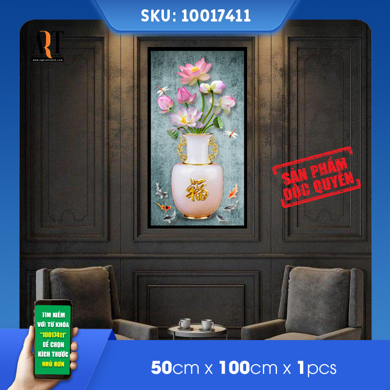 Tranh treo tường bình hoa sen 3d in trên canvas có khung trang trí phòng khách, phòng ngủ (10017411-2)