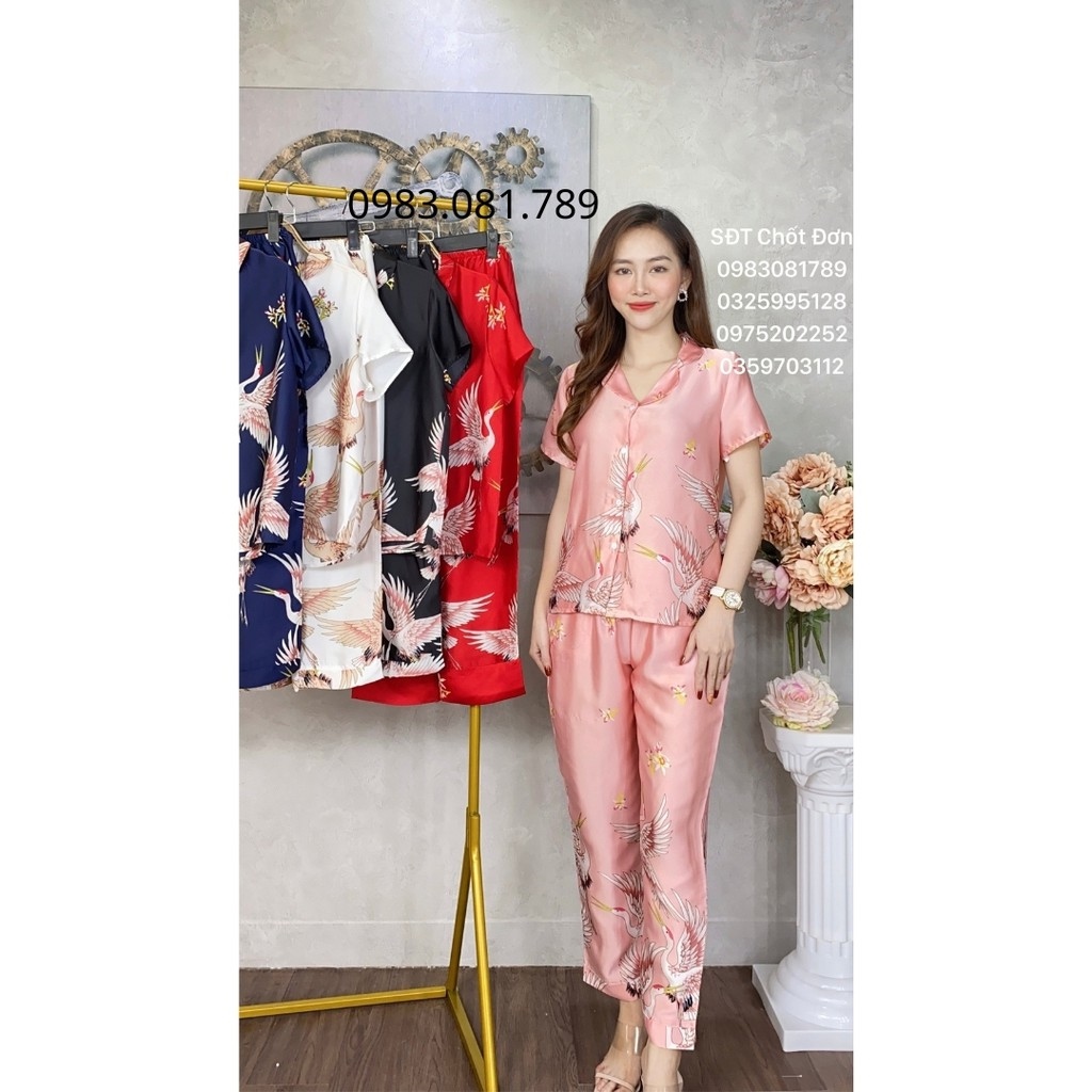 [ HOT SALE ] Bộ đồ Pijama lụa💖Bộ lụa tay cộc - quần dài họa tiết con hạc chất lụa Satin [ẢNH CHỤP THẬT]