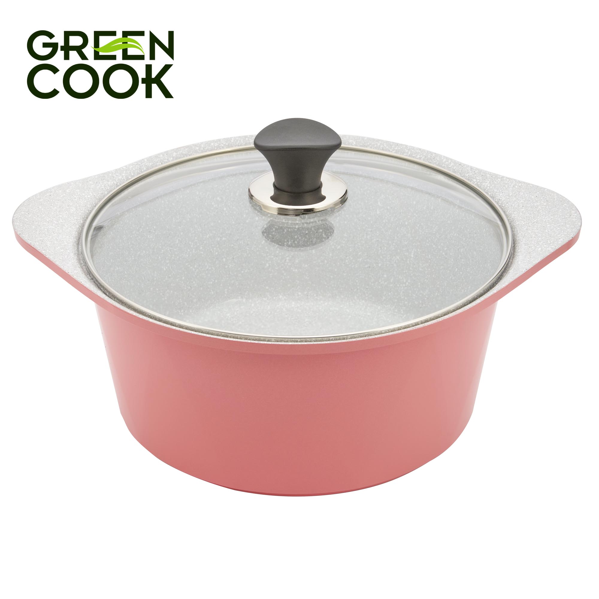 Bộ 3 nồi đúc ceramic vân đá chống dính đáy từ 18 cm, 20 cm và 24 cm Green Cook GCS02 màu hồng, dùng được tất cả các loại bếp, công nghệ Hàn Quốc sản xuất tại Việt Nam - Hàng chính hãng greencook