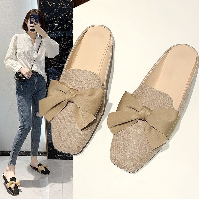 FREE SHIP Giày sục nữ da lộn 2 màu thắt nơ hàn quốc