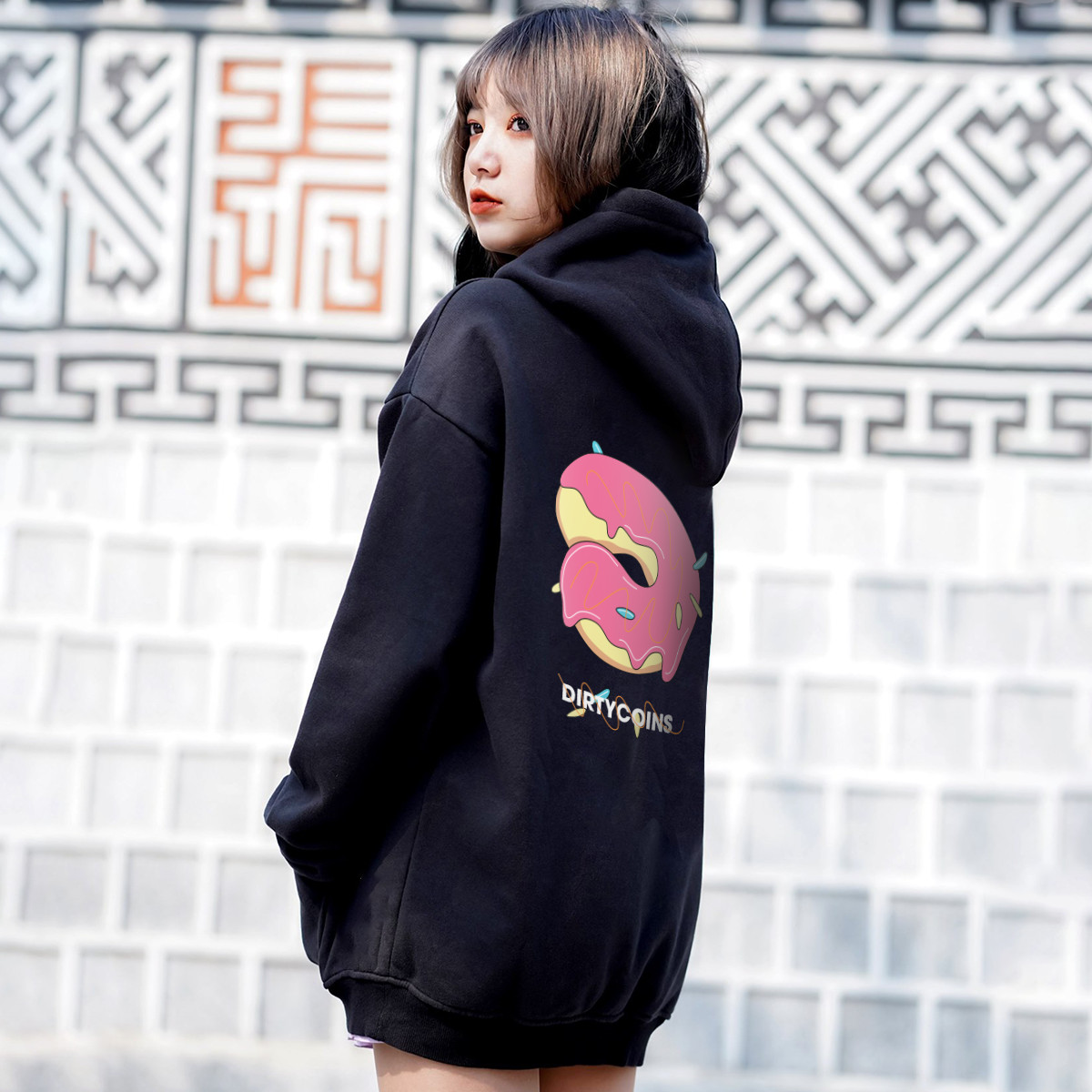 Áo hoodie nỉ màu đen basic Dirty Coins Donut (N10)