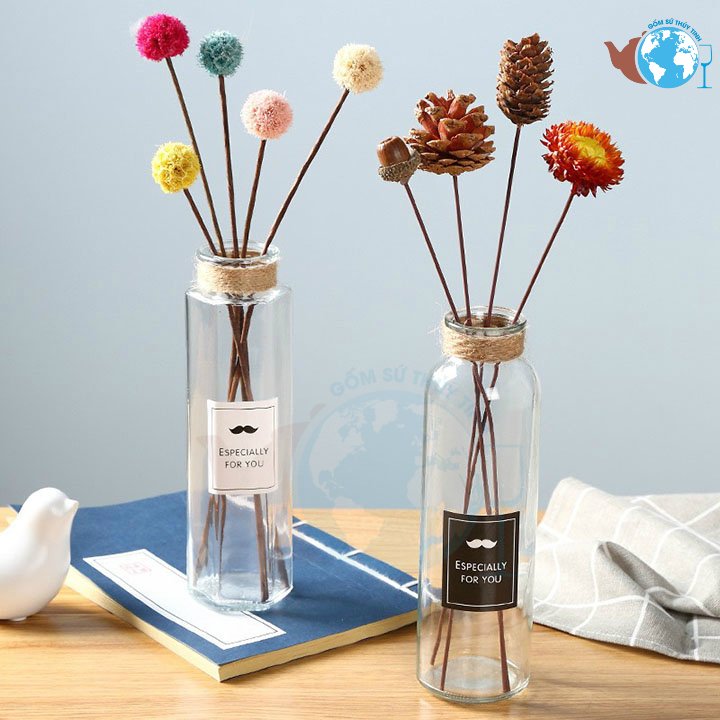 SET 2 lọ hoa thủy tinh TRÒN VÀ LỤC GIÁC - MIX 2 MẪU SIÊU XINH tặng kèm 2 dây dừa trang trí