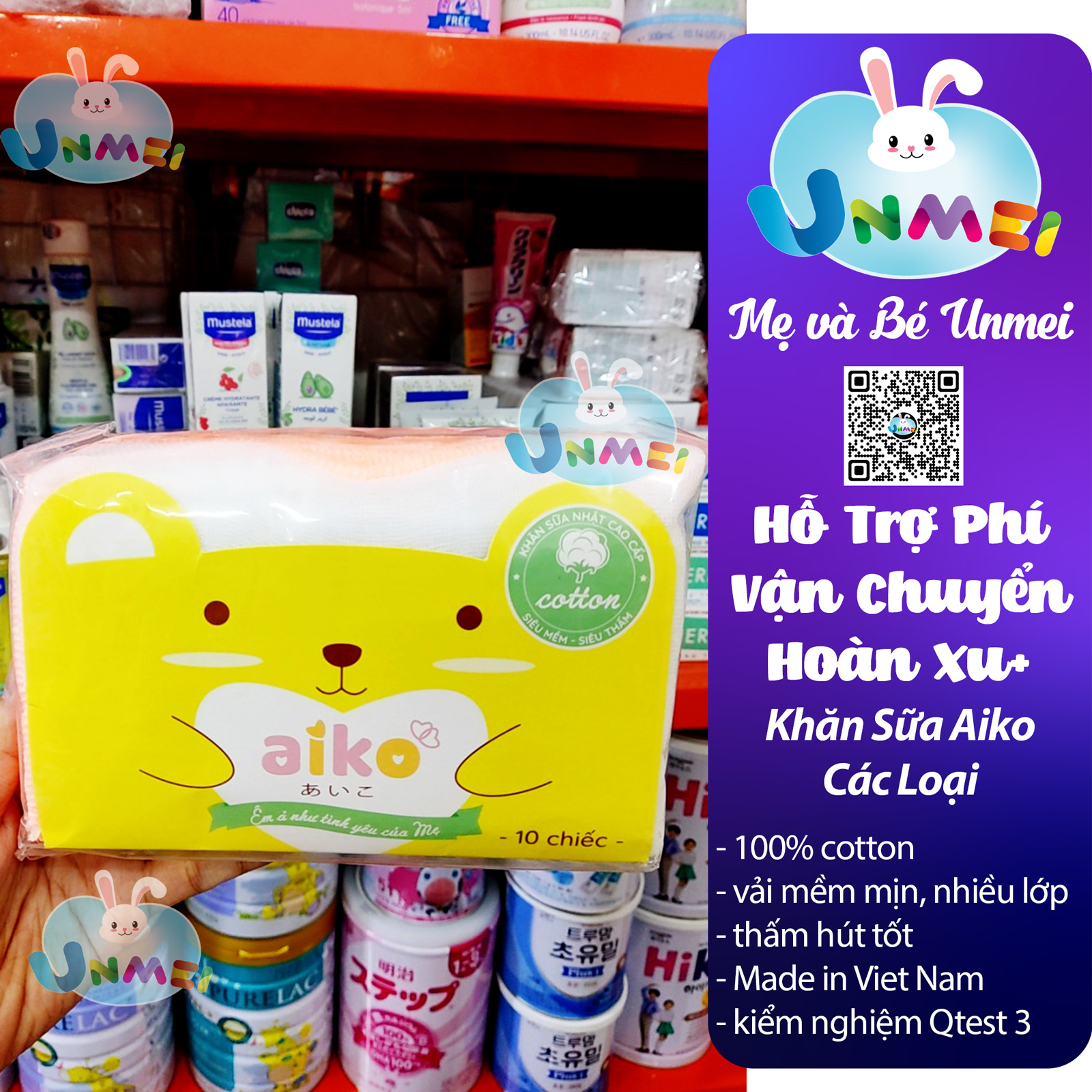Khăn Sữa Cho Bé Mềm Mại 100% Cotton Nhiều Màu Aiko 10 cái/túi Nhiều mẫu 3 Lớp - 4 Lớp - 25x25cm - 25x35cm