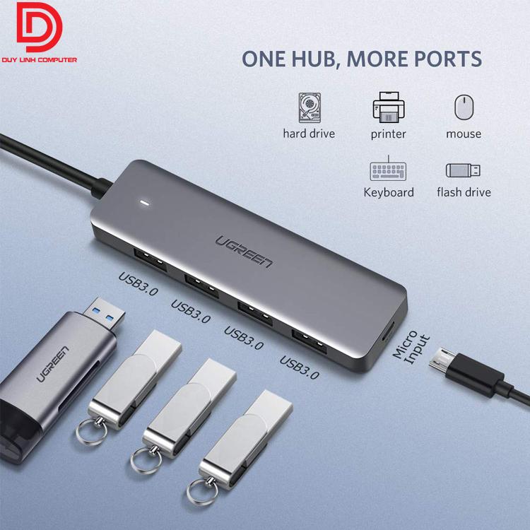 Bộ chia USB 3.0 ra 4 cổng Ugreen 50985 hỗ trợ nguồn phụ Micro USB