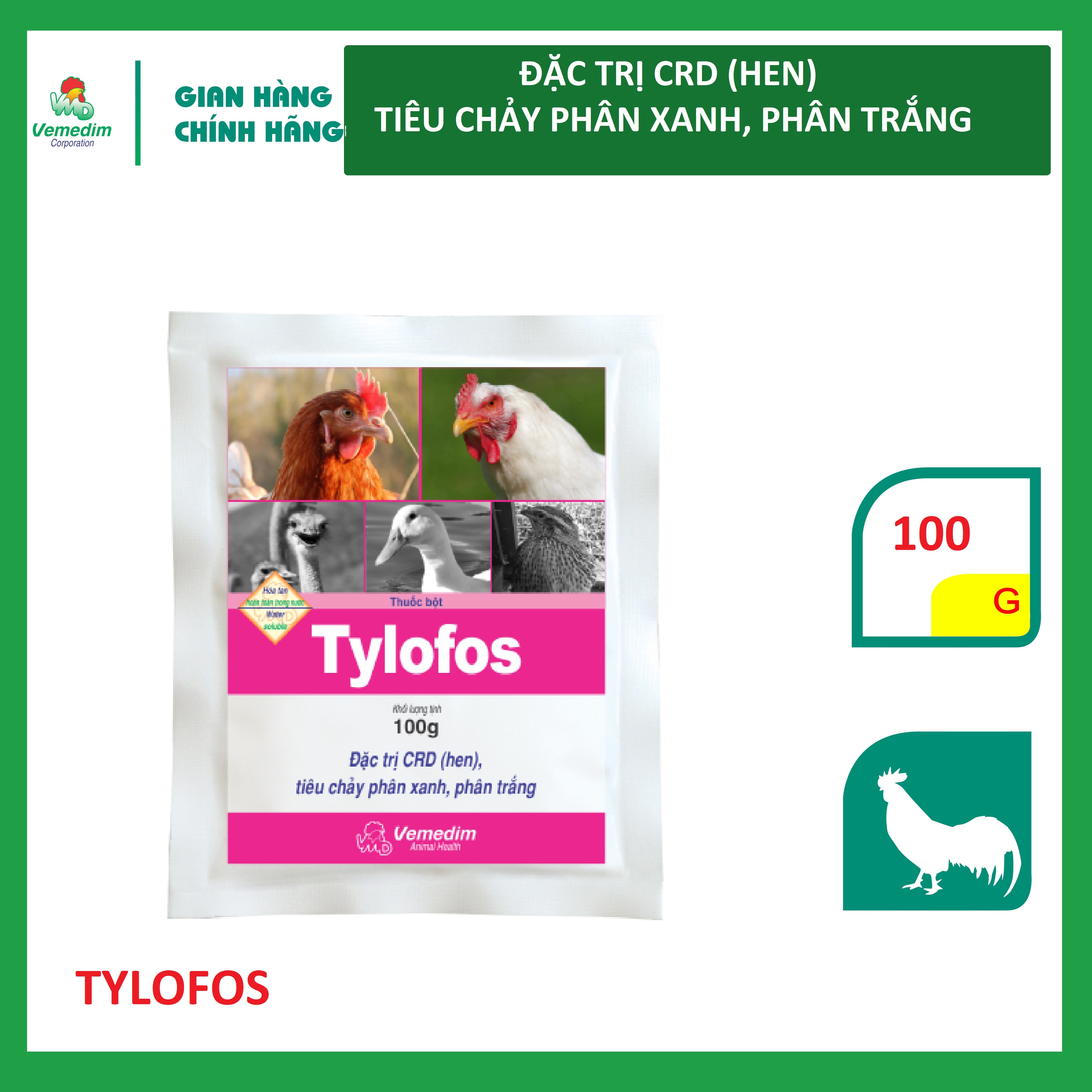 "Hoàn tiền đến 10%" Vemedim Tylofos dùng cho gà, vịt bị hen, CRD, tiêu chảy phân xanh, phân trắng, gói 100g