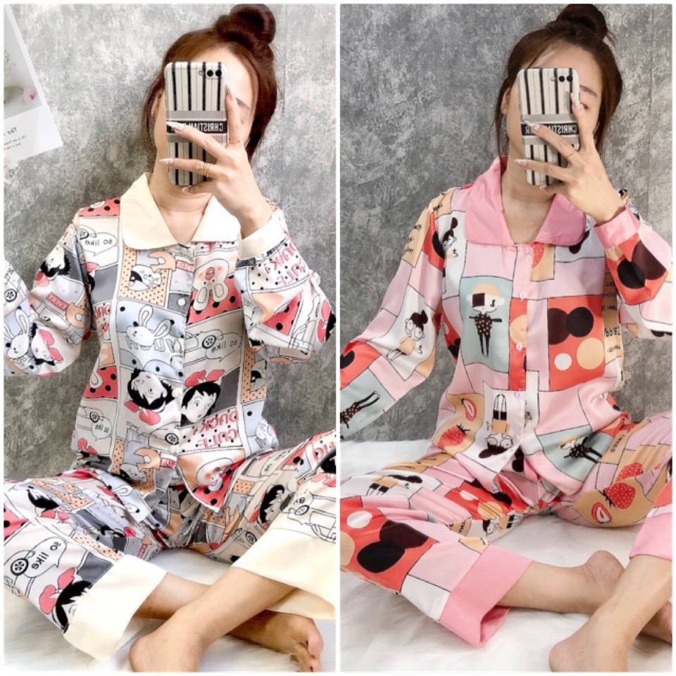 [VẢI SATIN] PIZAMA LỤA SATIN CỔ SEN TAY DÀI QUẦN DÀI