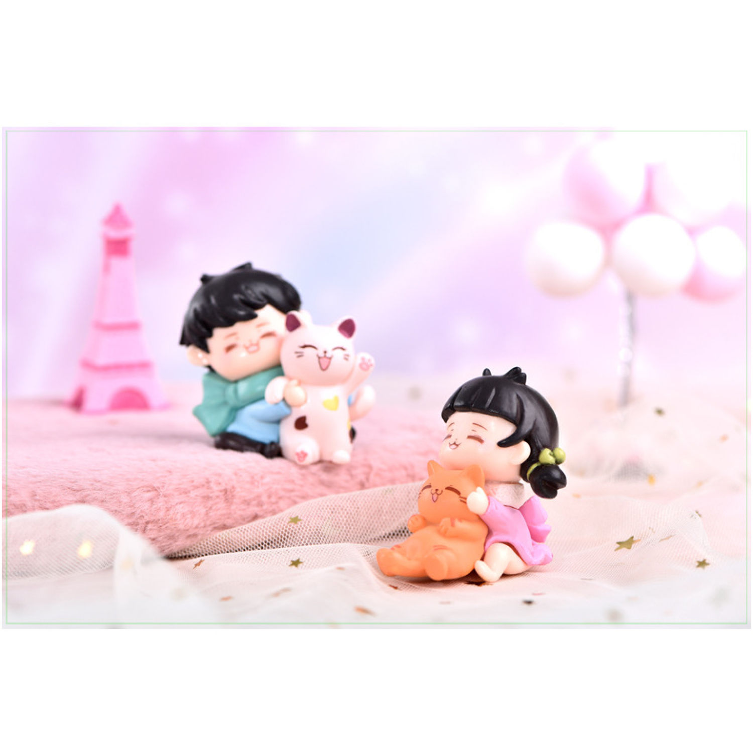 Mô hình cặp đôi cô cậu bé ôm mèo trang trí tiểu cảnh