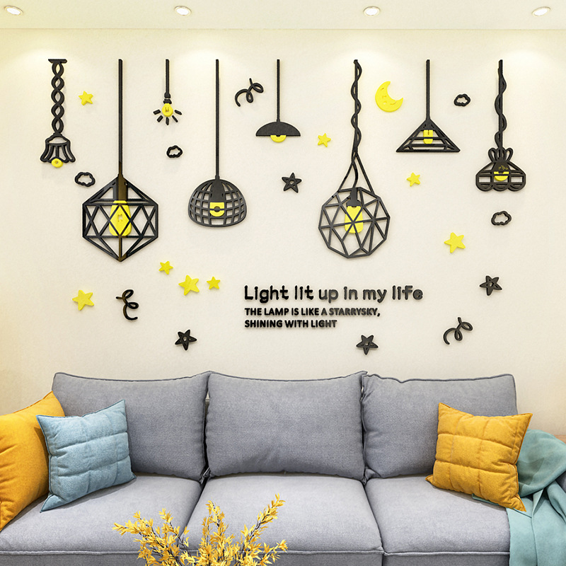 Tranh mica EPeBen dán tường nổi 3d hình đèn thả treo màu đen vàng decor trang trí phòng khách, phòng ngủ