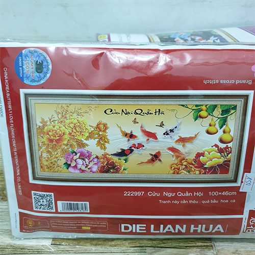 Tranh thêu chữ thập cửu ngư quần hội hoa mẫu đơn hồ lô 222997 - kích thước 100 * 46