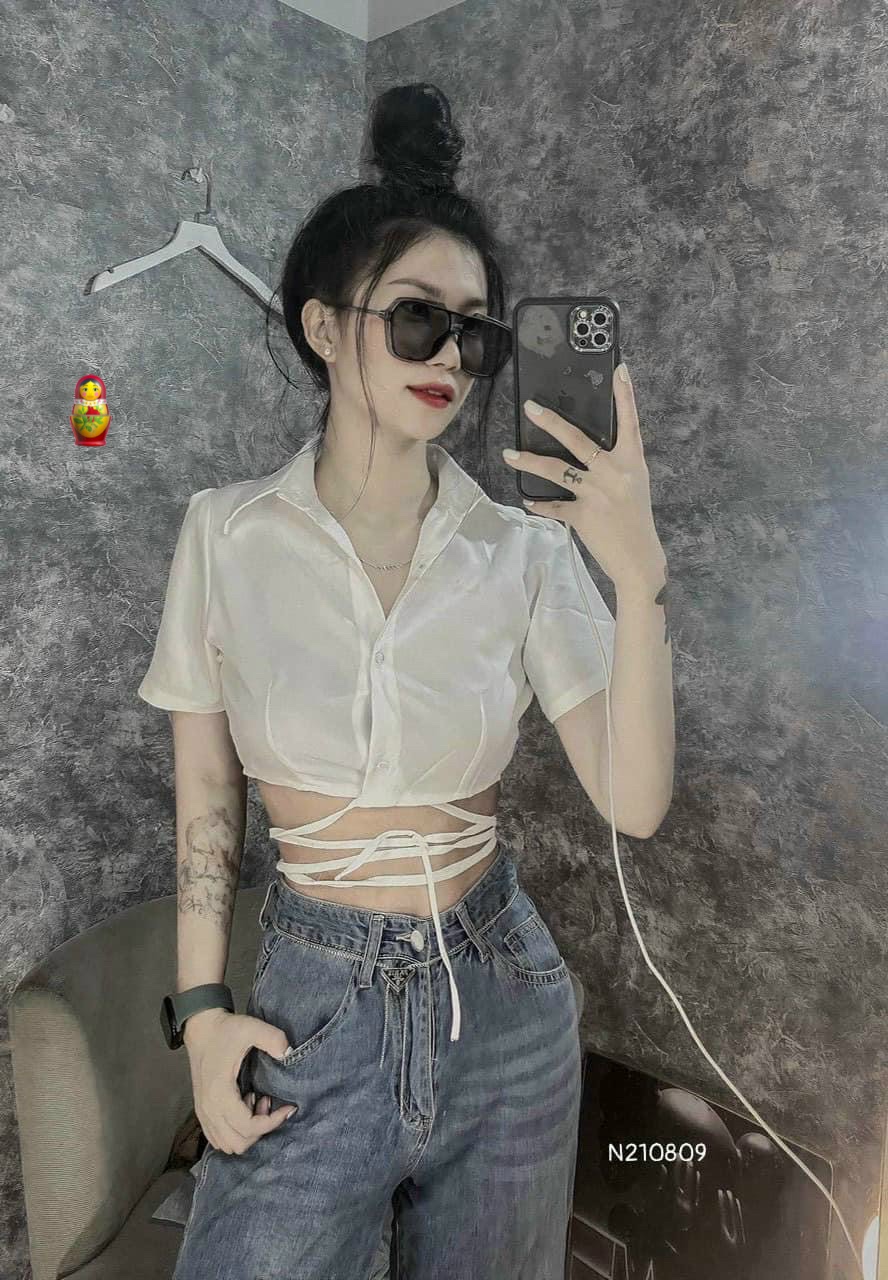 Áo sơ mi croptop quấn dây eo cực cá tính , chất kate mềm mát