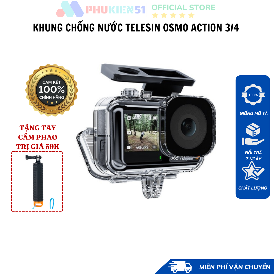 Khung vỏ chống nước telesin cho dji osmo action 3 -chống nước đi bơi, đi lặn độ sâu lên tới 40m- hàng chính hãng