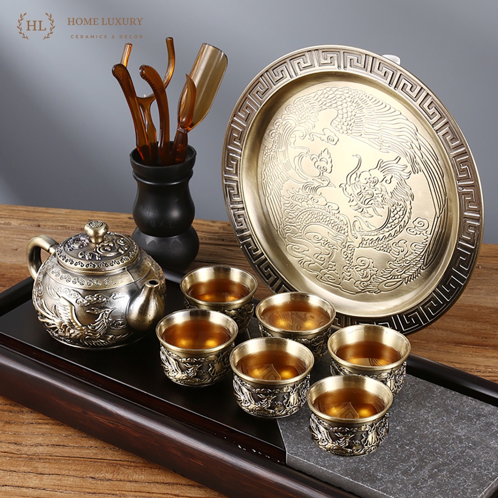 Bộ ấm trà đồng Long Phụng Sum Vầy | Bộ ấm chén 6 ly cao cấp hoa văn họa tiết Long Phụng phú quý đại cát gia dụng decor thông minh