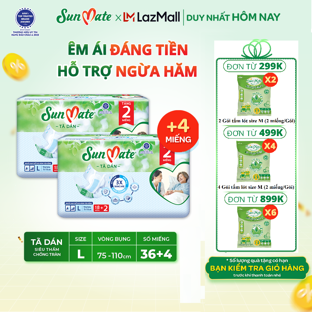 Combo 2 tã dán người lớn Sunmate mới M18/L18/XL18 +2 miếng