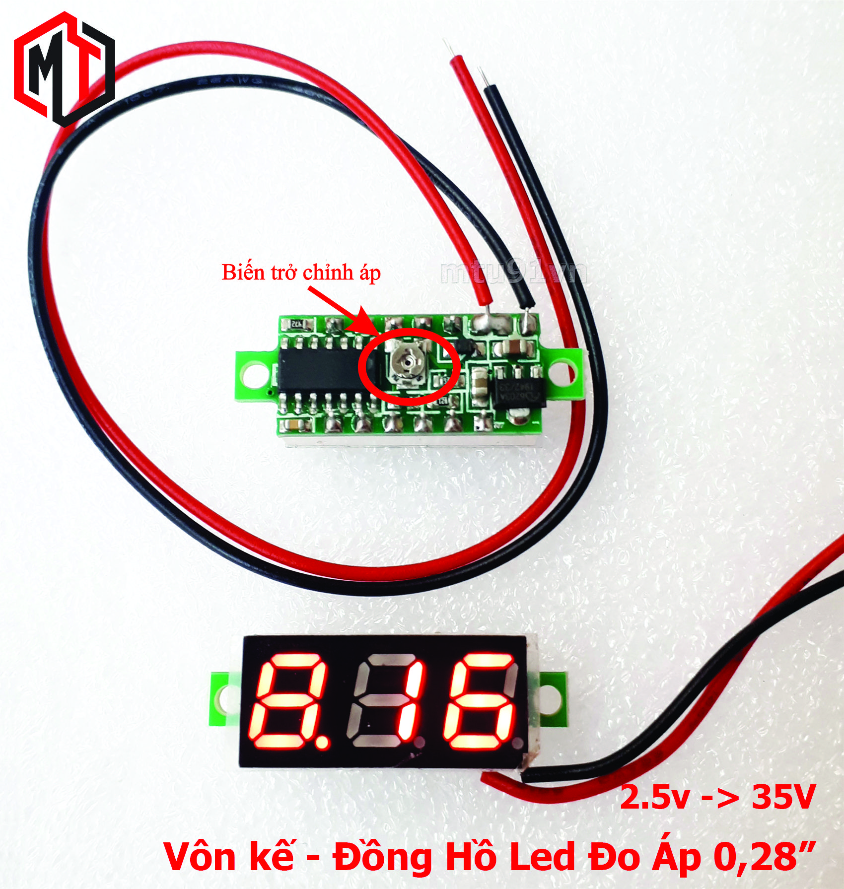 Vôn kế - Đồng Hồ Led Đo Áp - Volt DC 2 Dây 0.28 inch 3~30V - Có biến trở chỉnh sai số
