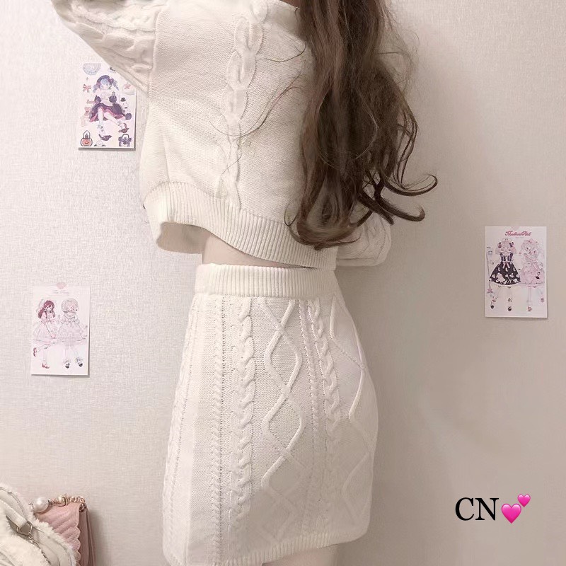 Set len thỏ vặn thừng áo croptop + chân váy QCCC