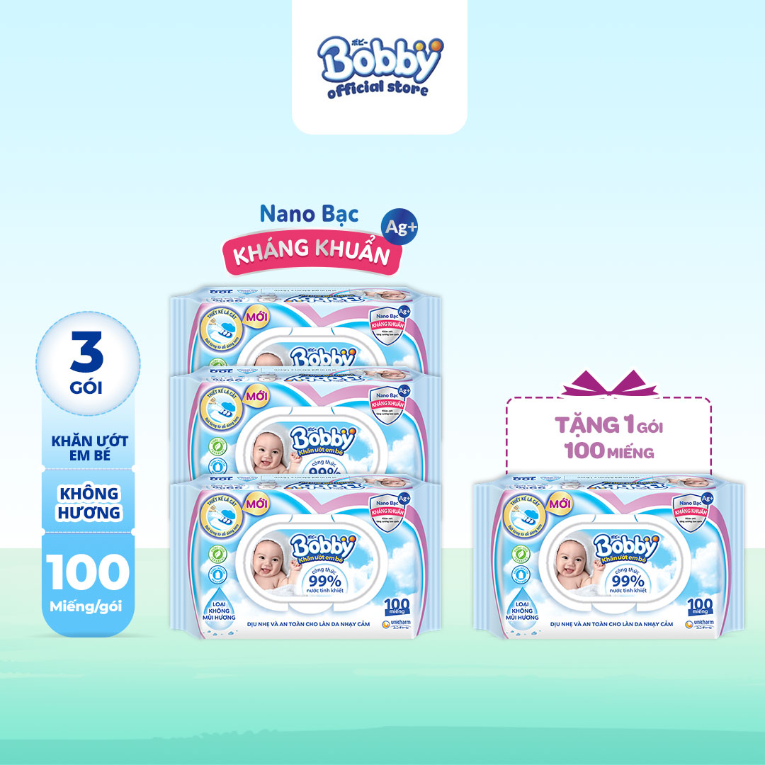 [Mua 3 tặng 1] Bộ 3 gói tặng 1 gói khăn giấy ướt trẻ em Bobby Care Nano Bạc kháng khuẩn KHÔNG MÙI HƯƠNG 100 miếng