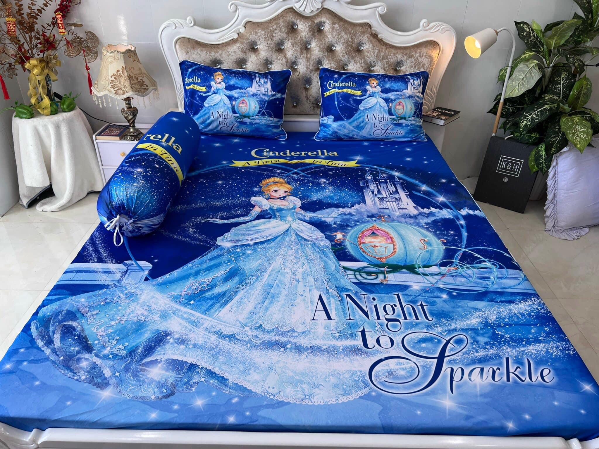 Bộ drap ga thun ý 5D mẫu công chúa elsa