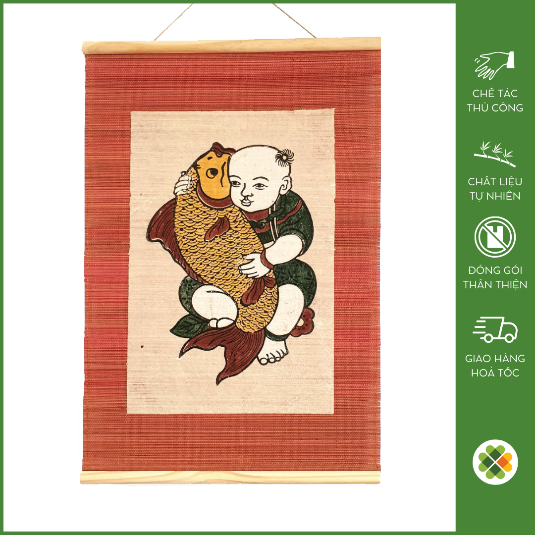 Little Boy Holding Carp - Dong Ho folk woodcut painting