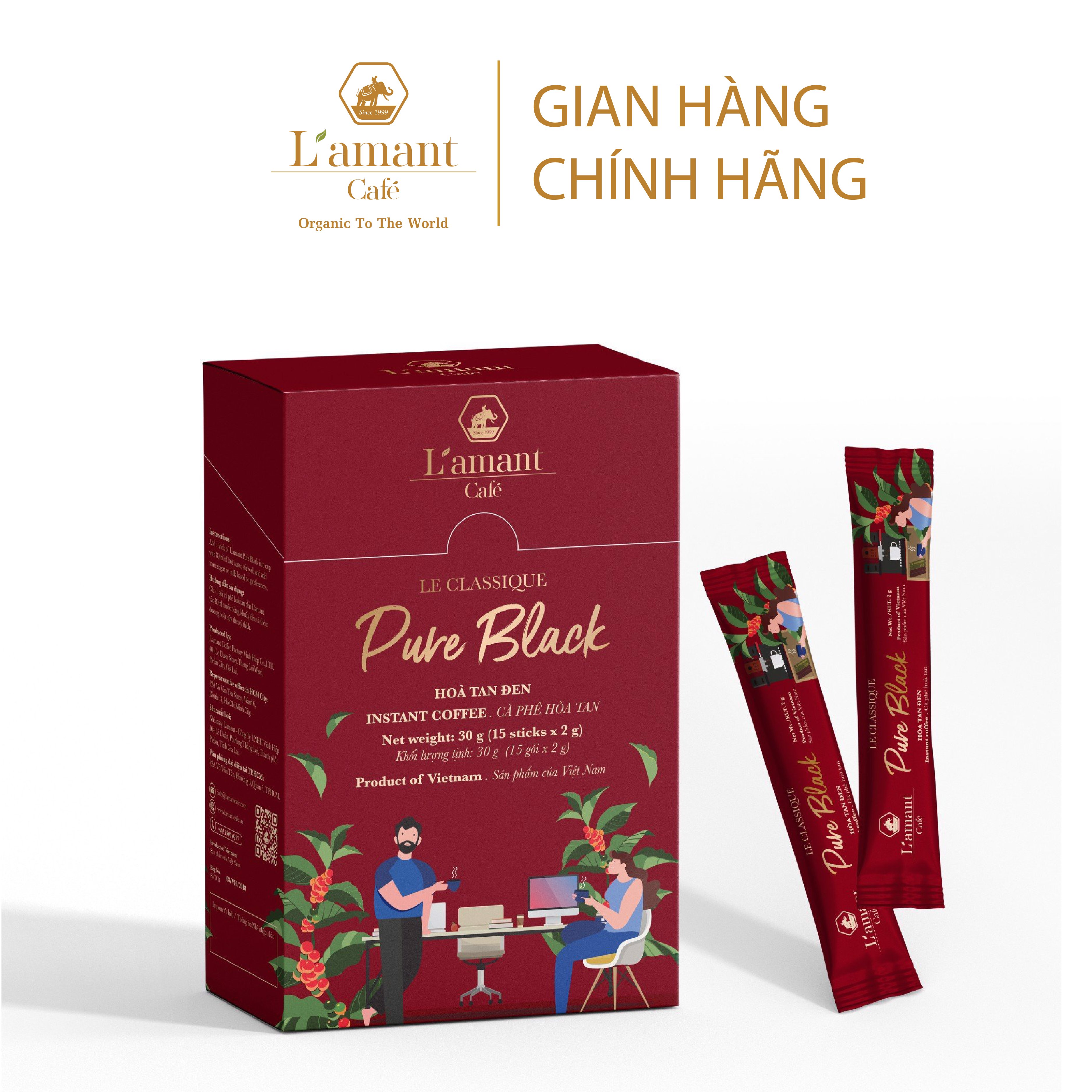 Cà phê hòa tan đen Pure Black - L'amant Pure Black Instant Coffee (Hộp 15 gói x 2gr)