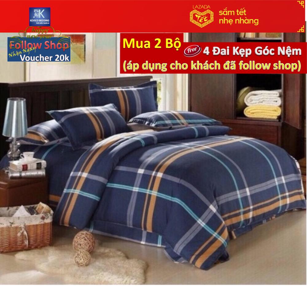 (FreeShip MAX) Bộ chăn ga gối poly Kẻ xanh vàng 1m8x2m