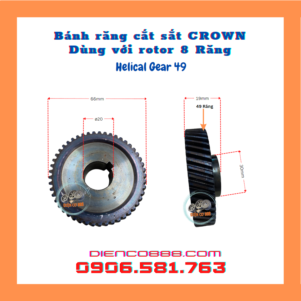 Nhông bánh răng cắt sắt CROWN 49 răng kích thước 20x66mm - Dùng với rotor 8 Răng