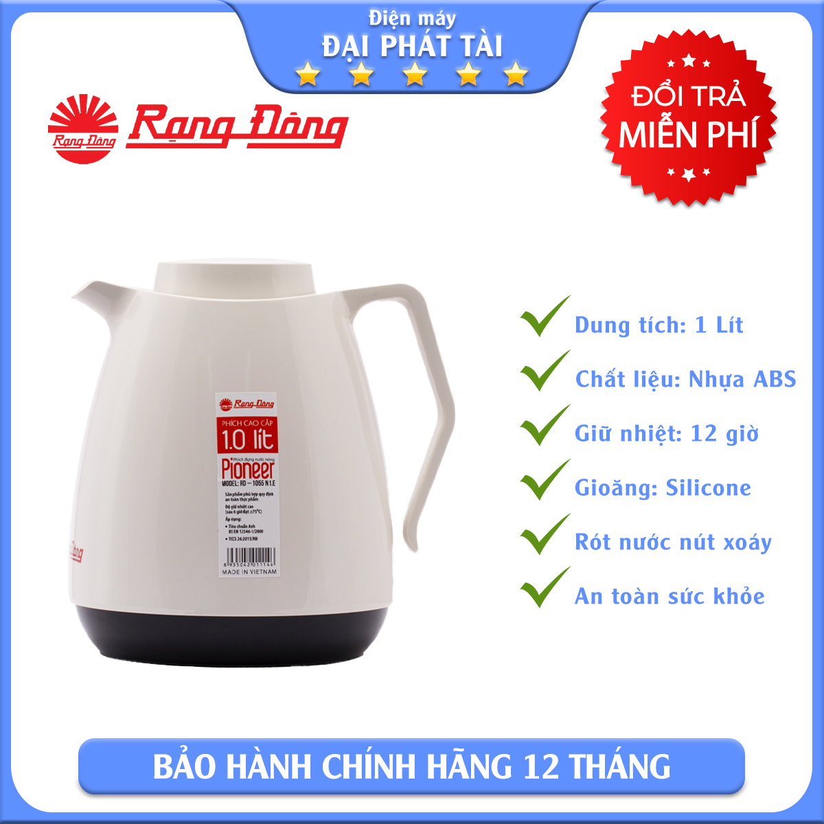 [HCM]Bình trà giữ nhiệt 1 lít Rạng Đông RD 1055 N1.E (Nhiều màu)