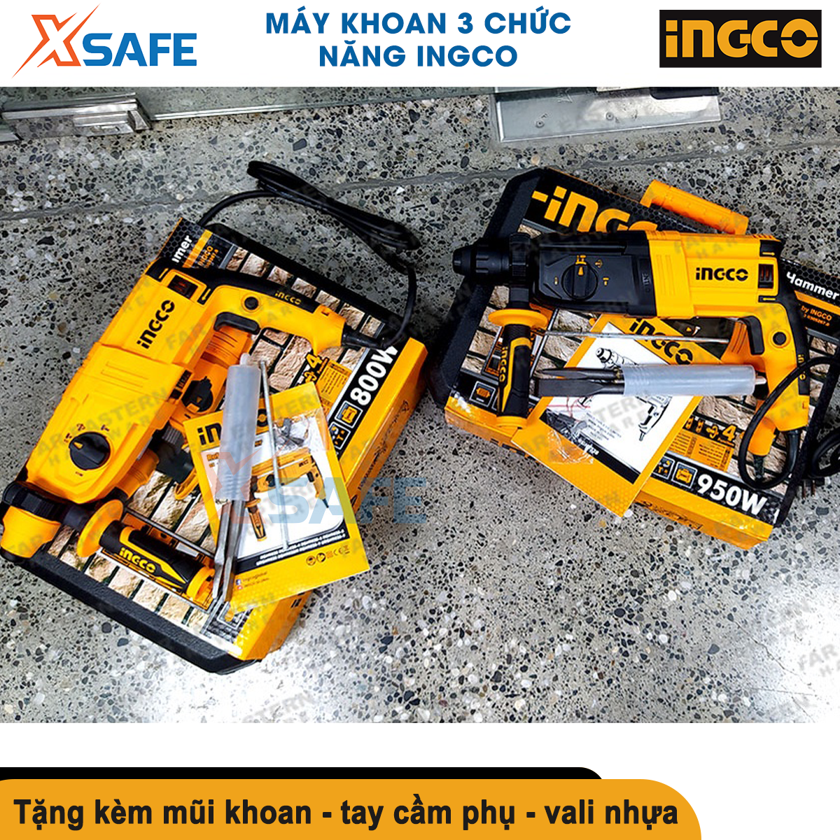 Máy khoan búa cầm tay 3 chức năng Ingco 650-950w đầu gài sds plus, khoan bê tông, khoan sắt, gỗ, tặng kèm mũi khoan máy khoan đục bê tông RGH9028 RGH9528 RGH6528 RGH9028-2