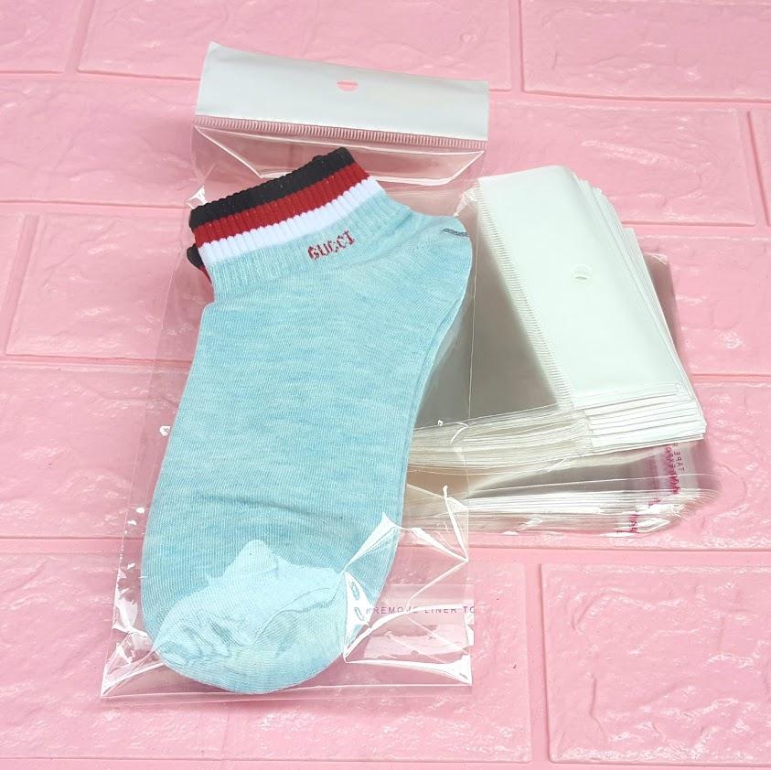100g (~45cái) Túi Opp dán mép (Treo) 11x24cm (+ 4cm + 4cm) - Túi ni lông băng keo dán miệng - Bao nilon dán miệng