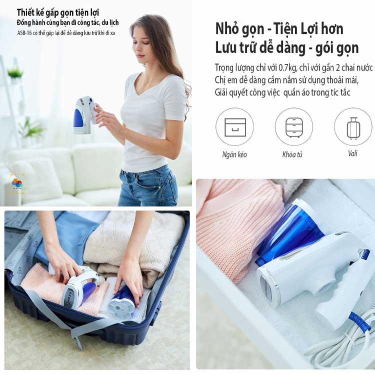 Bàn là hơi nước, máy ủi quần áo ASB-16 phiên bản đa năng 4 trong 1, ba cấp độ ủi với 1600W mạnh mẽ, gấp gọn tiện lợi sử dụng ở nhà hoặc công tác, du lịch, nạp nước ngoài tiện lợi