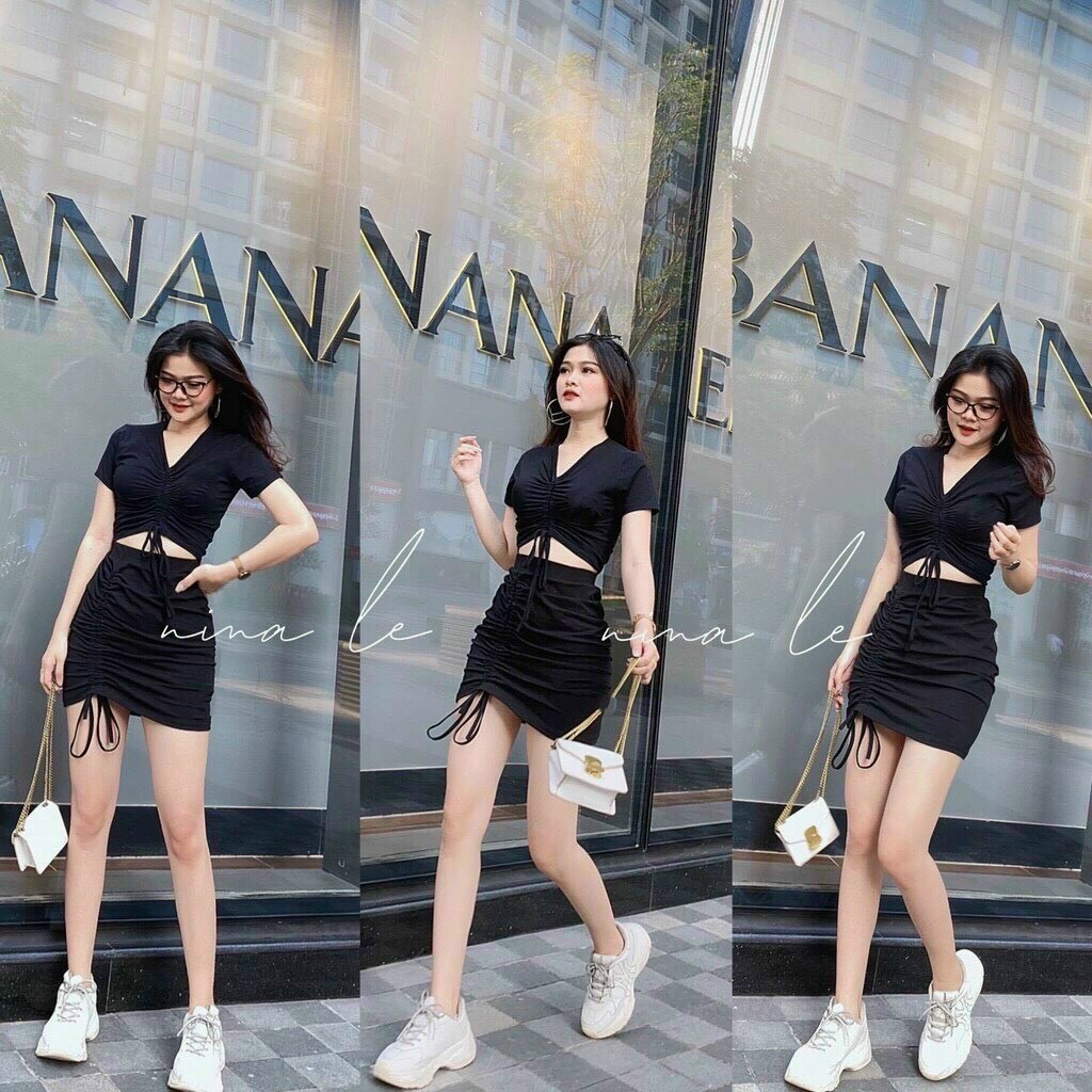 Sét bộ áo croptop rút dây giữa phối chân váy ngắn rút dây 1 bên cực xinh , chất thun bozip dày dặn