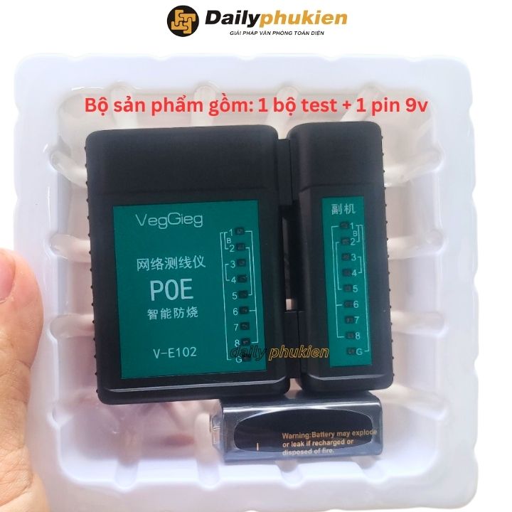 Bộ test mạng poe veggieg, máy test mạng loại xịn kiểm tra lỗi cáp mạng utp cat5e/utp cat6 + tặng kèm pin