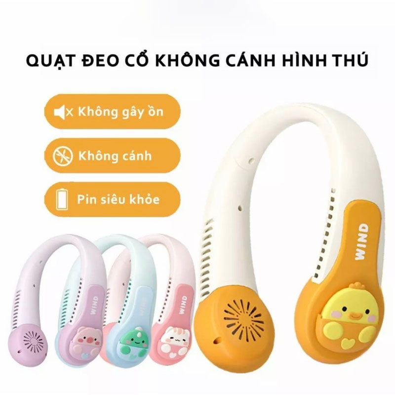 Quạt Đeo Cổ Mini Không Cánh Hình Thú 3D với 3 Cấp Độ Gió