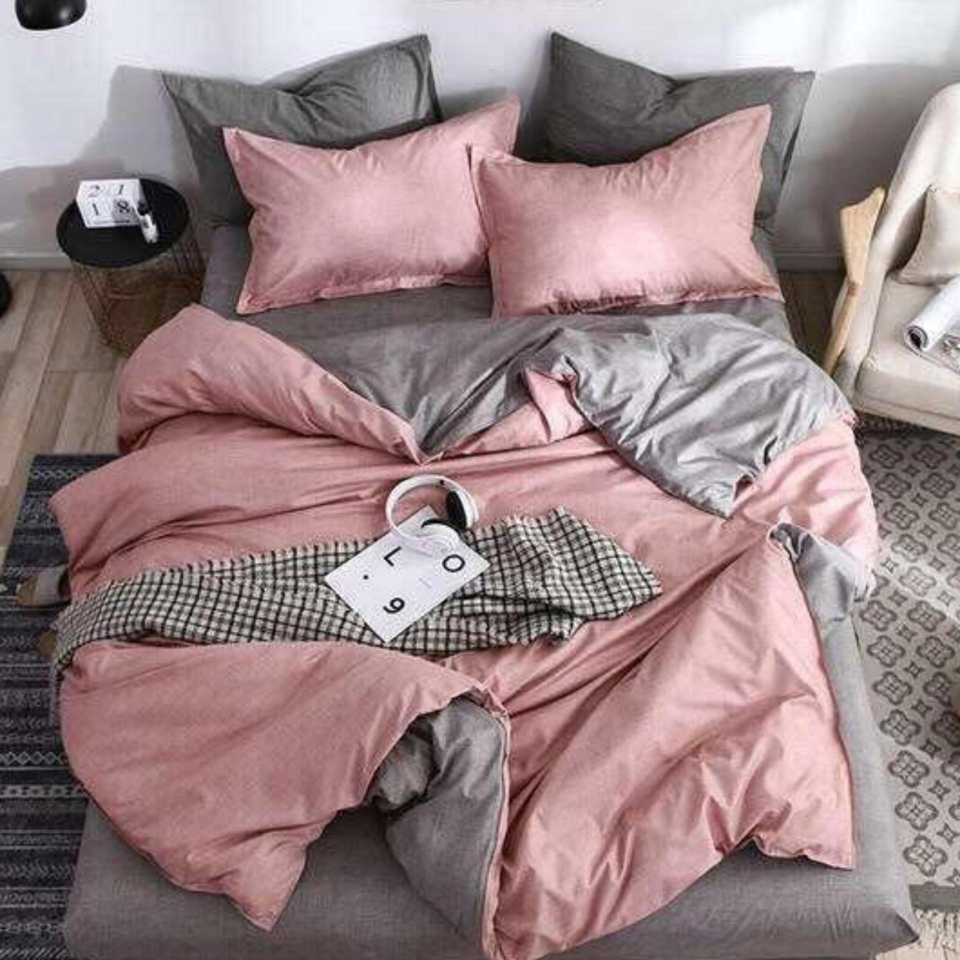 Bộ chăn ga gối Basic hồng ghi hiện đại+ ruột chăn hè