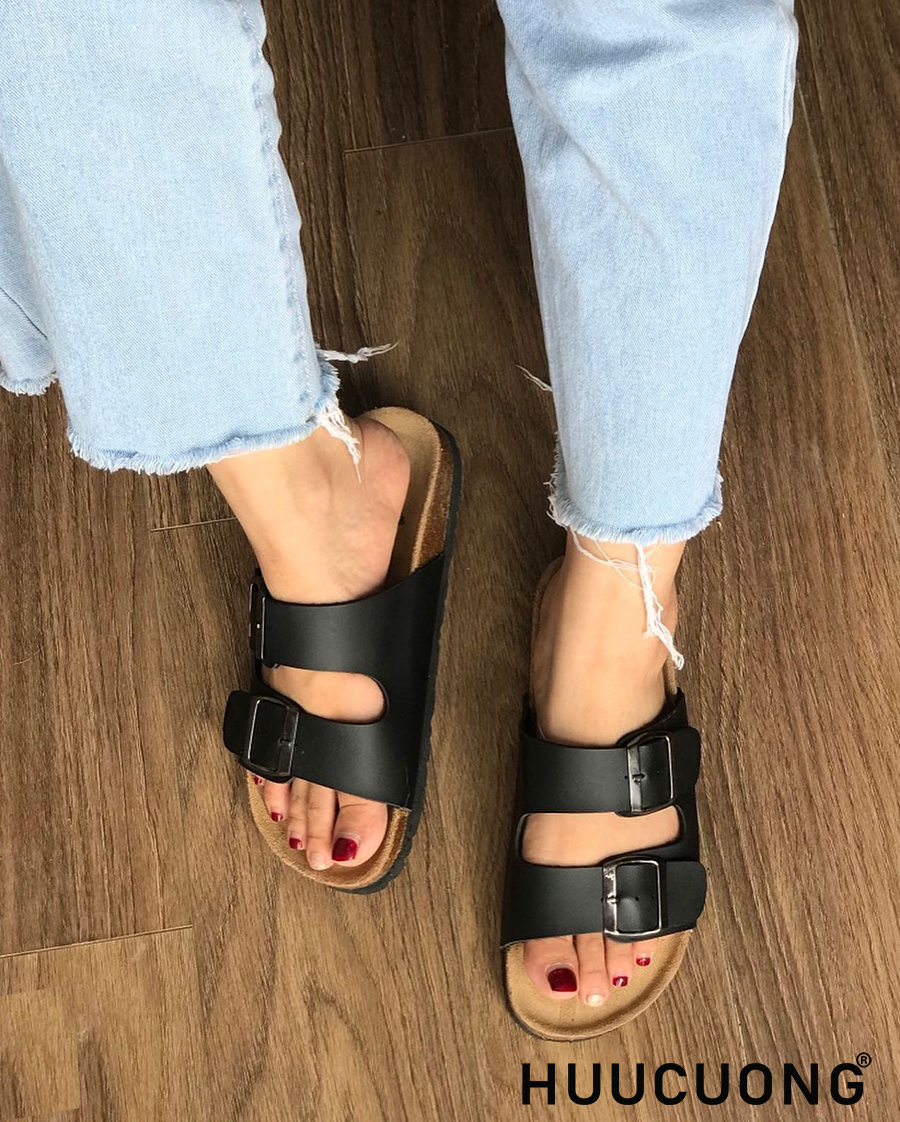 Dép đế trấu unisex 2 khóa da pu đen