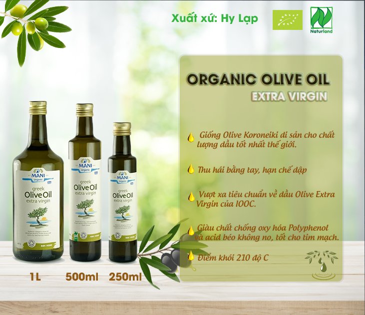 Dầu Extra Virgin Olive Hữu Cơ Mani 1L