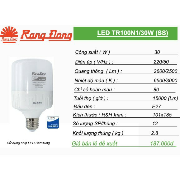 Bóng LED Trụ Rạng Đông 30W - ChipLed SAMSUNG HP Electrical